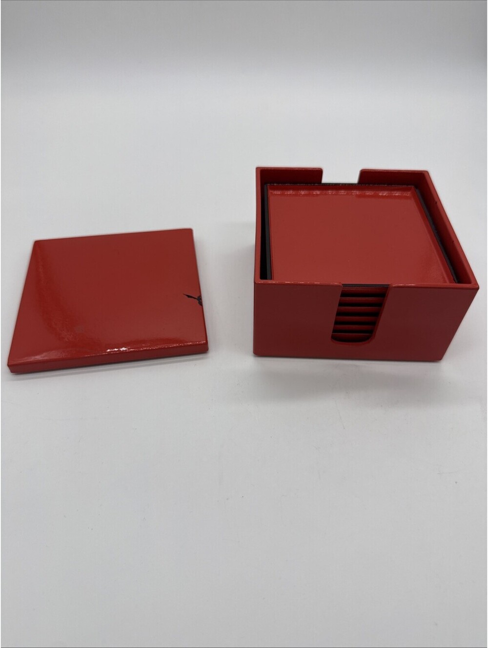Vintage Katja for Prisma Japan Red Lacquer Coaster Set Box 7pc MCM Paint Wear